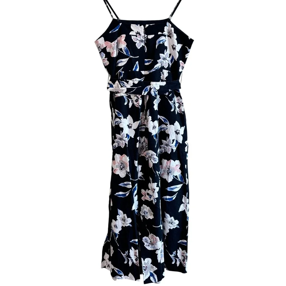 Banana Republic Floral Linen Jumpsuit Navy Blue Size 2 Petite Wide Leg Tie-Waist